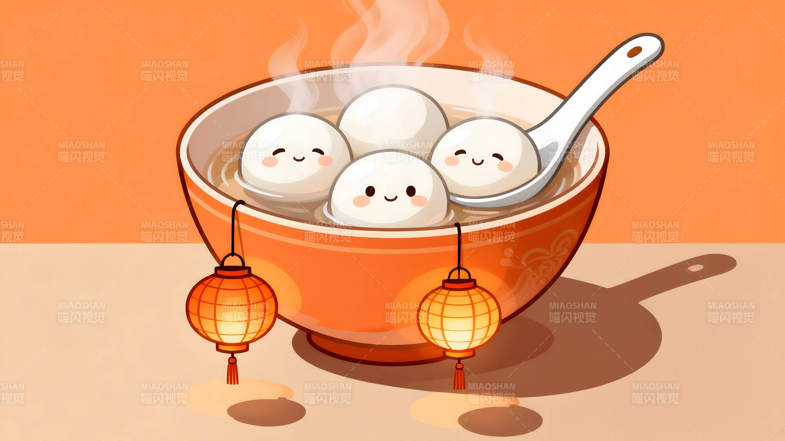 可爱汤圆碗里冒热气红灯笼图片