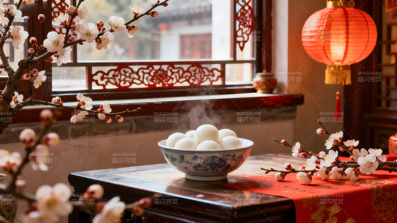 汤圆鲜花红灯笼中国风图片