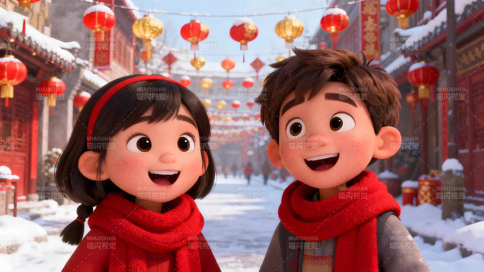 动画人物在节日街道上微笑图片