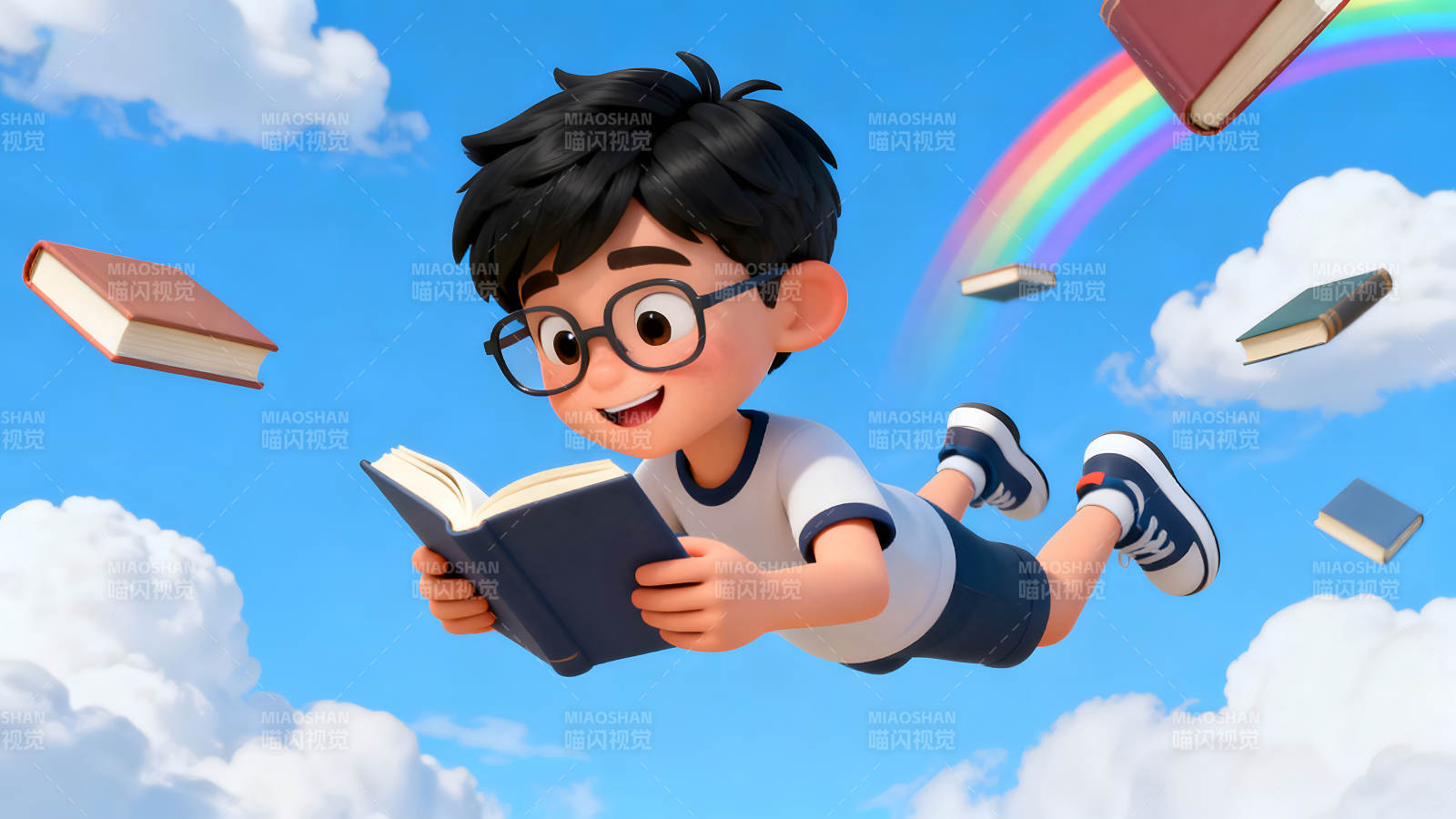 卡通男孩读书飞翔图片