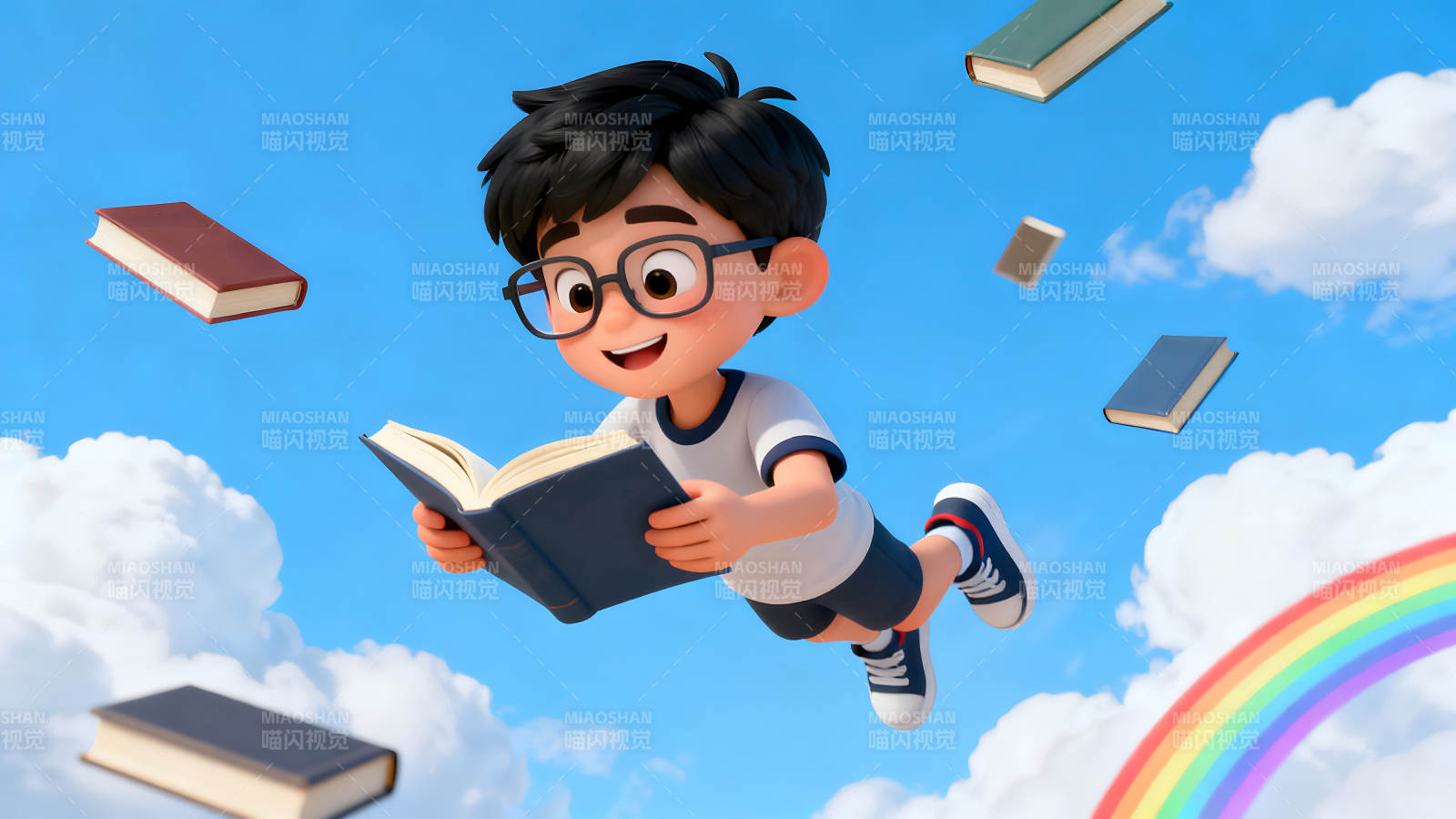 男孩阅读飘浮空中伴彩虹图片