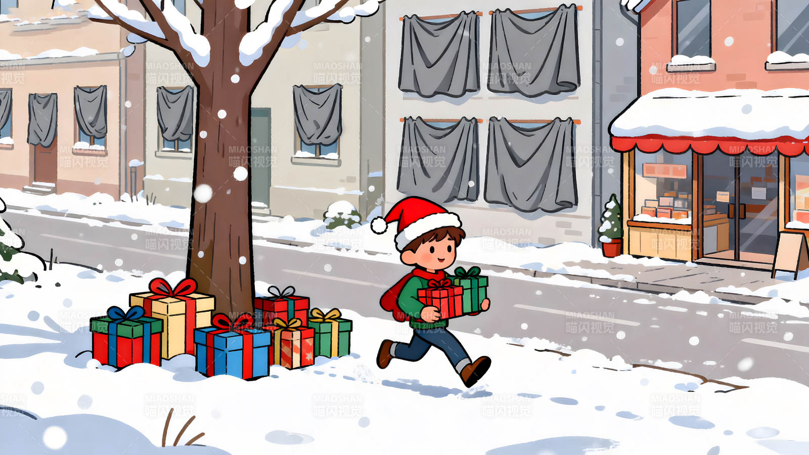 雪中送礼的小男孩图片