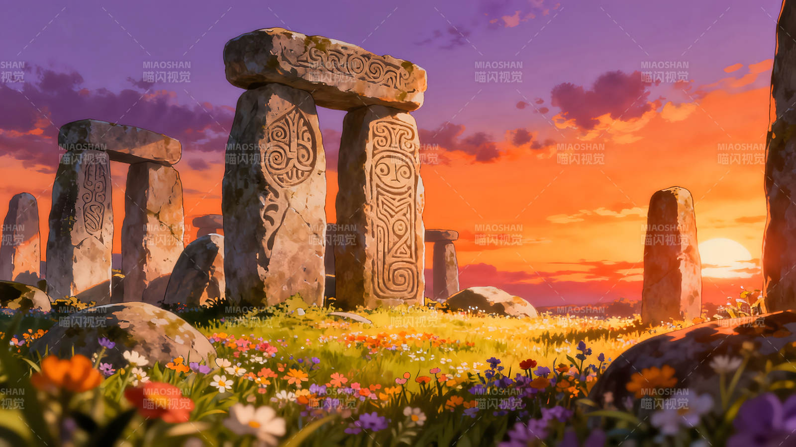 日落下的巨石阵花海图片