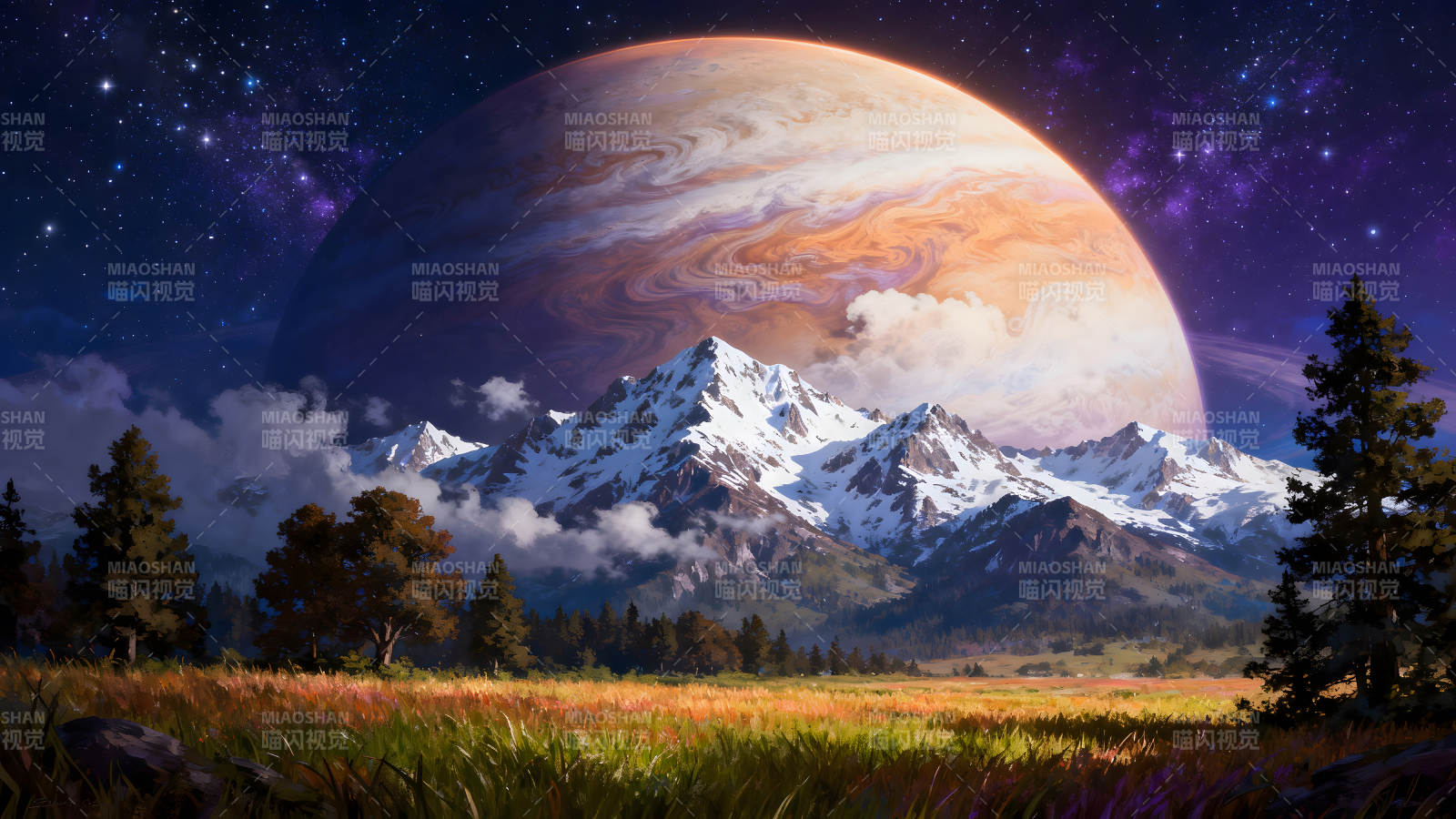 星球山脉夜空风景图片