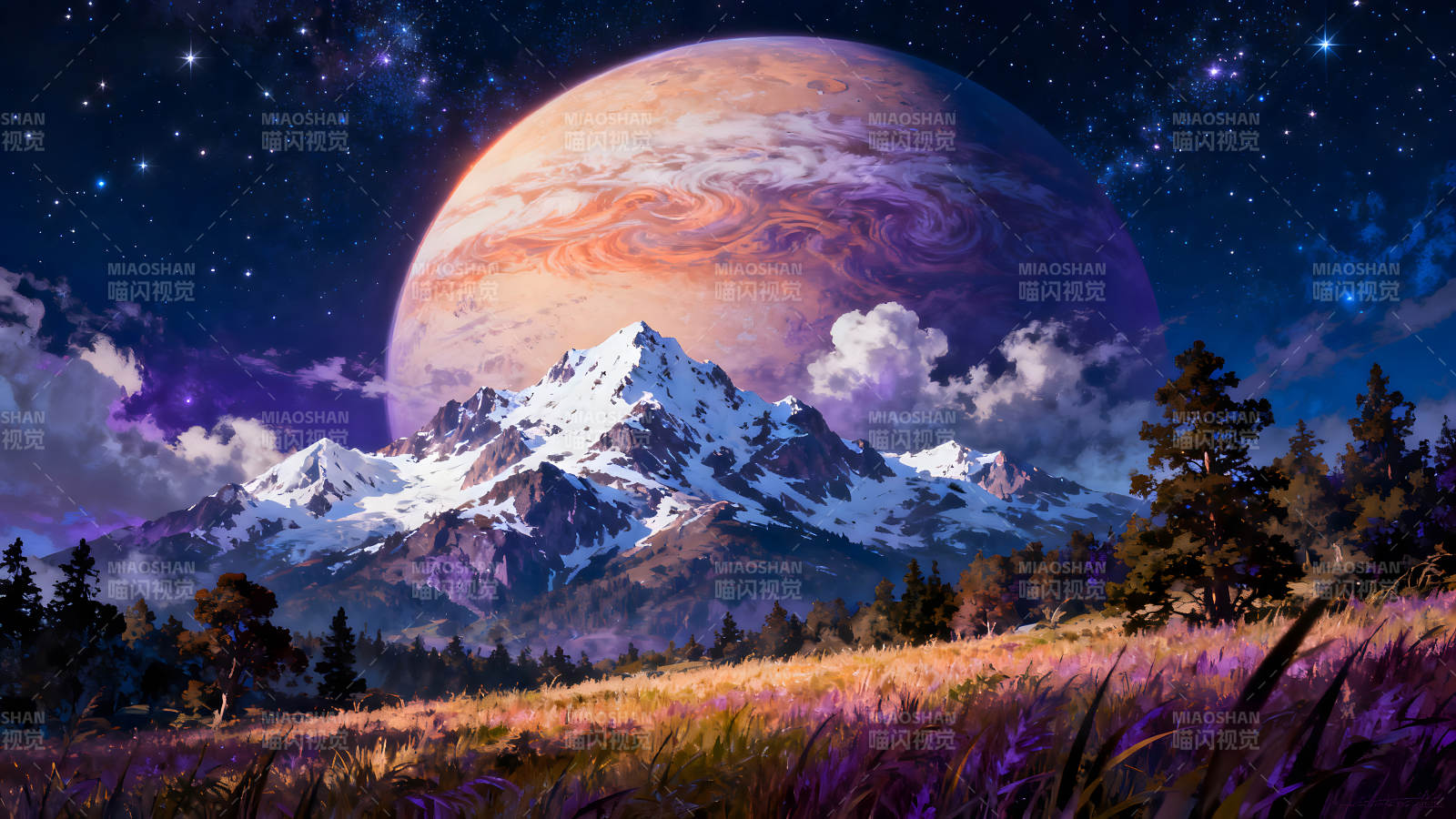 星空山脉行星下的奇幻景象图片