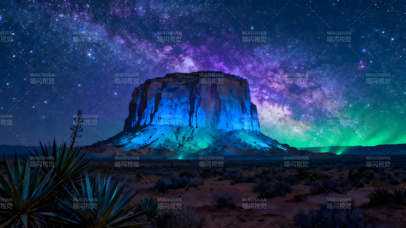 星空下的岩石山脉蓝光照耀图片