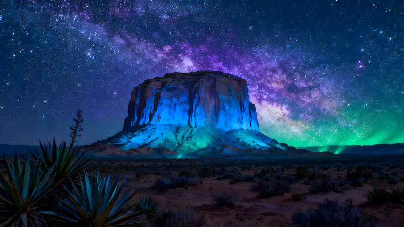 星空下的岩石山脉蓝光照耀图片