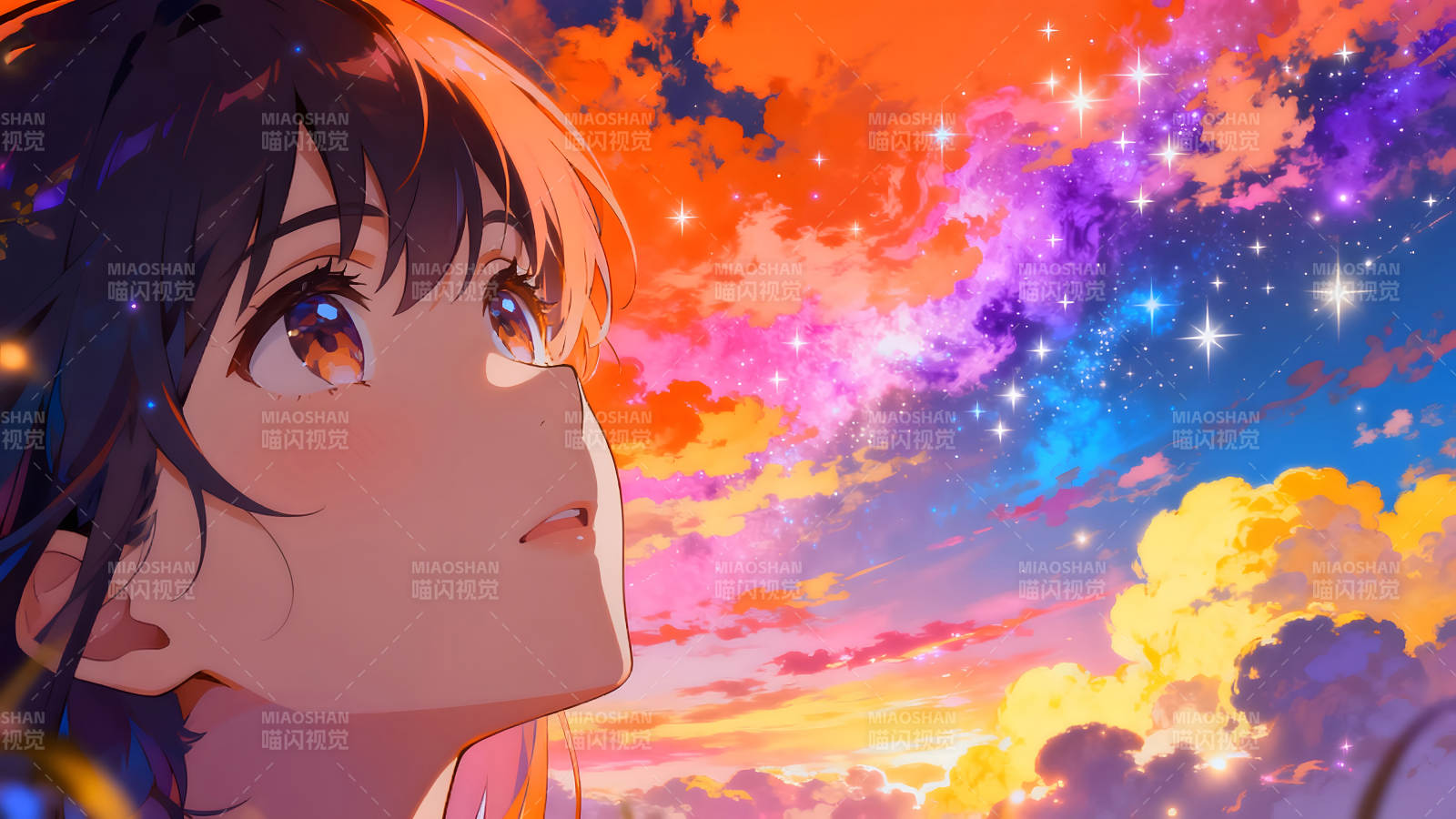 女孩仰望绚丽星空图片