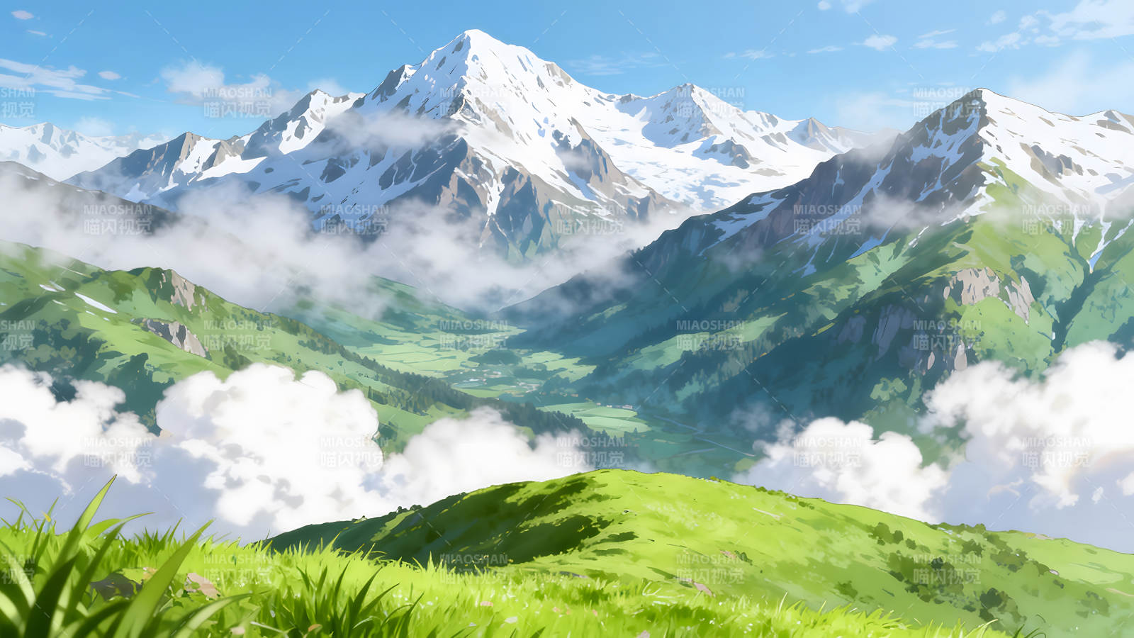 雪山连绵翠绿山谷风景图片