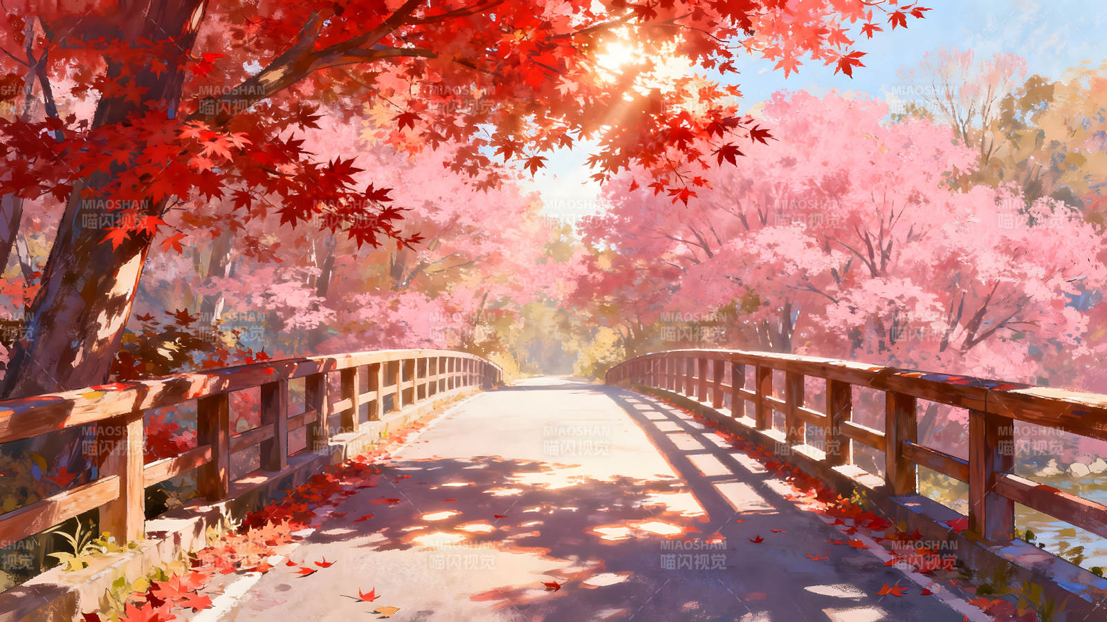 秋日桥梁风景画光影斑斓图片