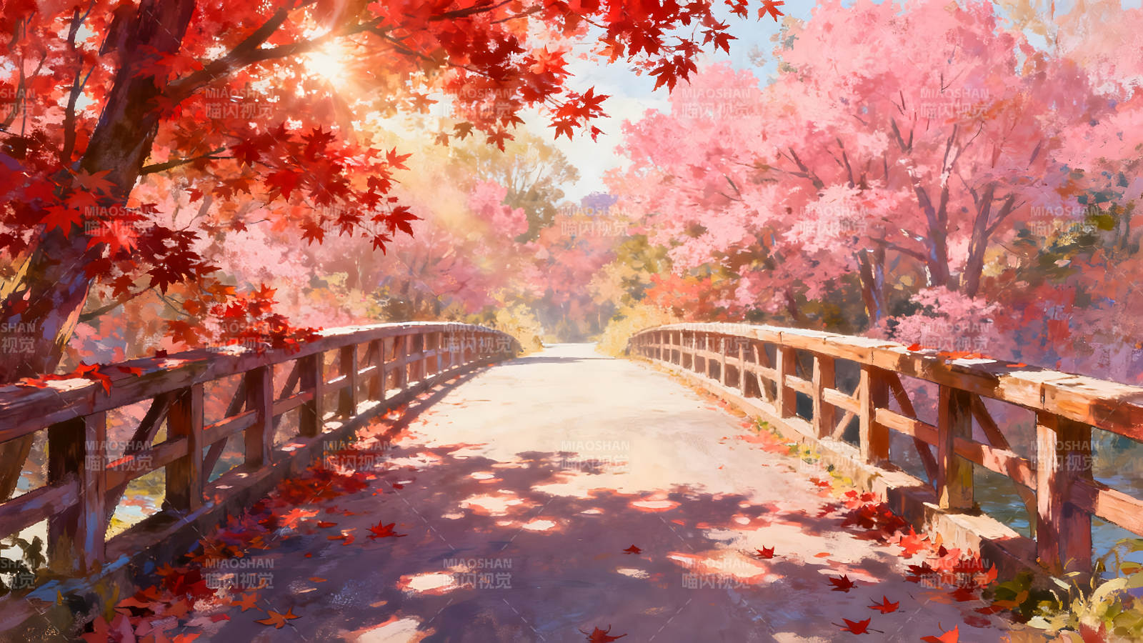 秋日桥梁红叶满地阳光洒落图片