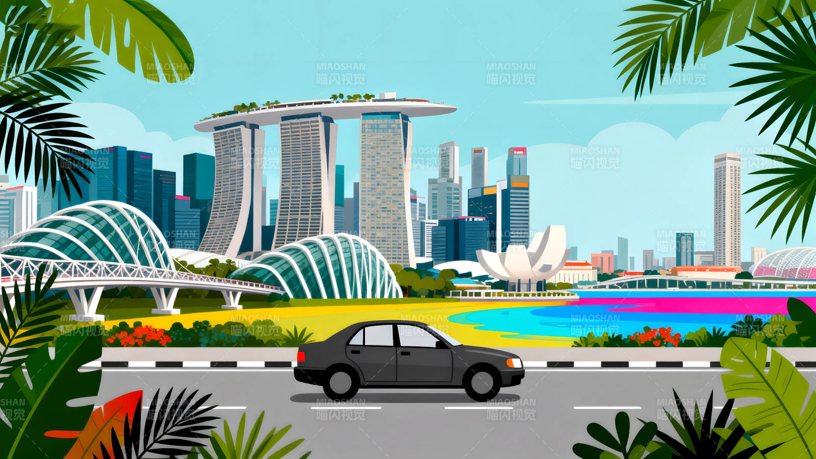 新加坡城市风景与汽车行驶图片