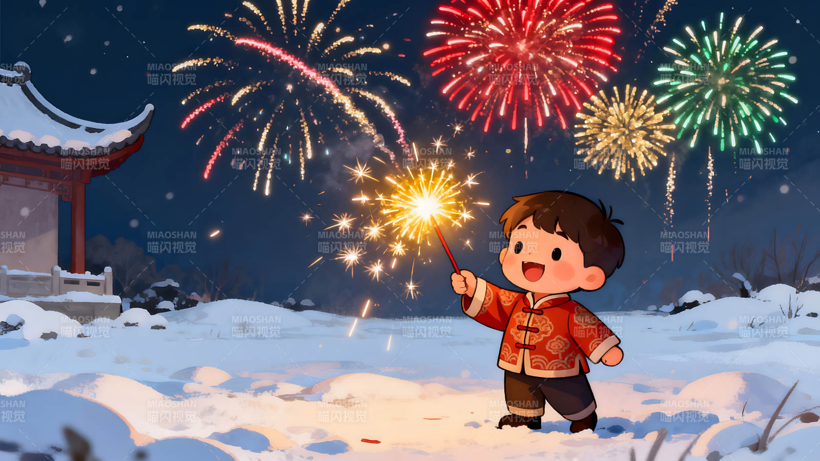 新年快乐孩童燃放烟花图片