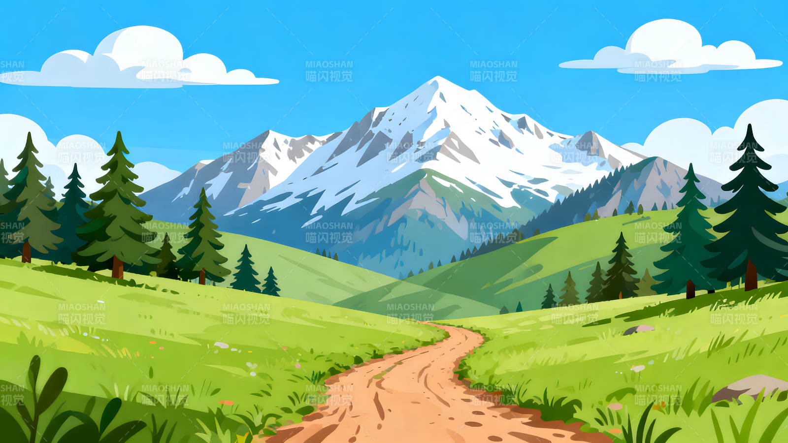 山川风景画草地小路通往雪山图片