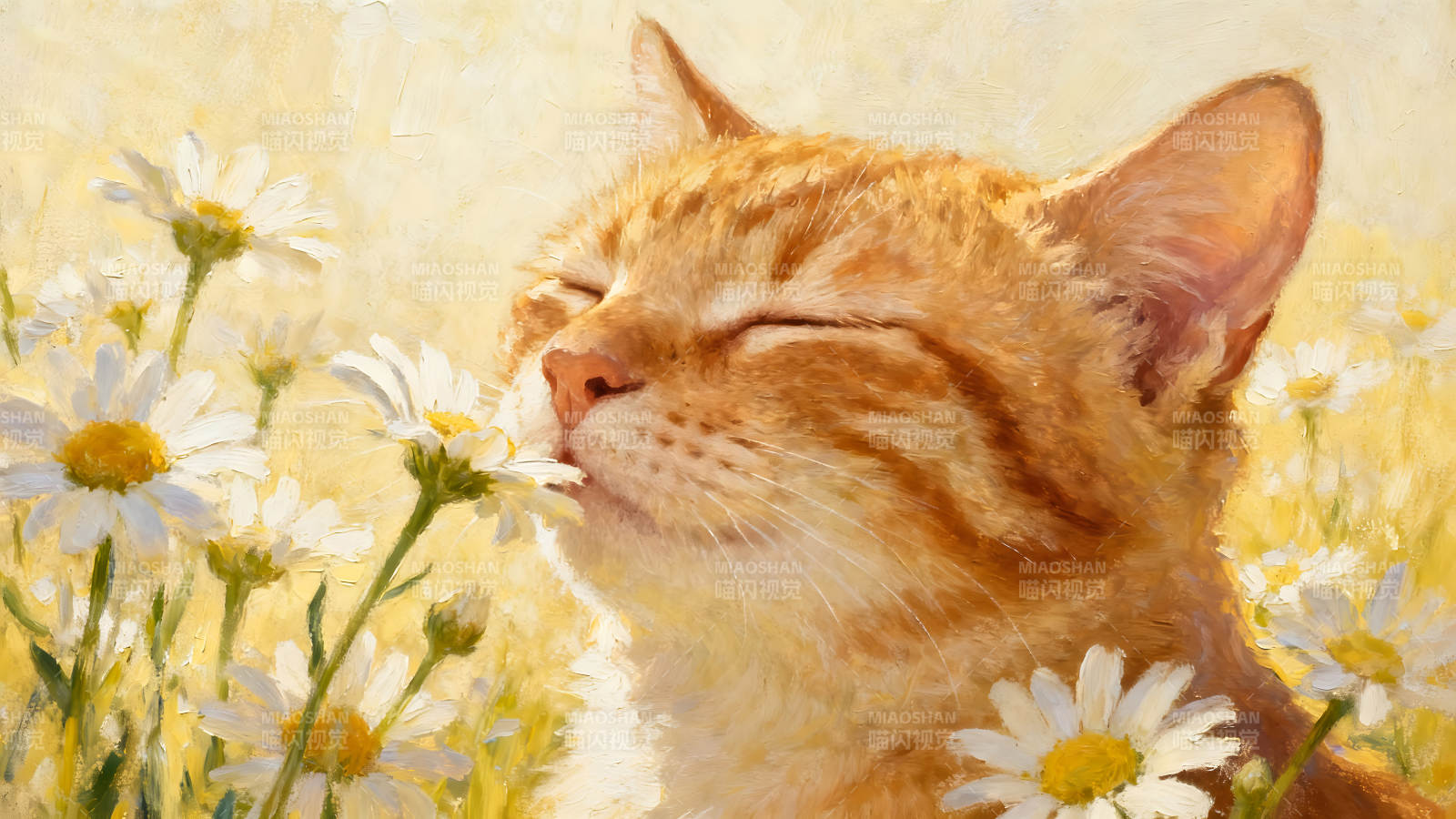 猫咪闻花朵油画图片