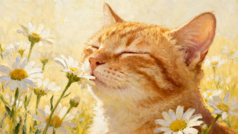 猫咪闻花朵油画图片