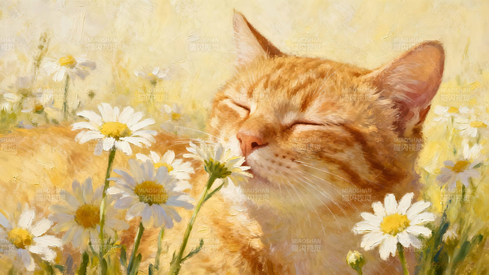 橘猫闻花美好瞬间图片