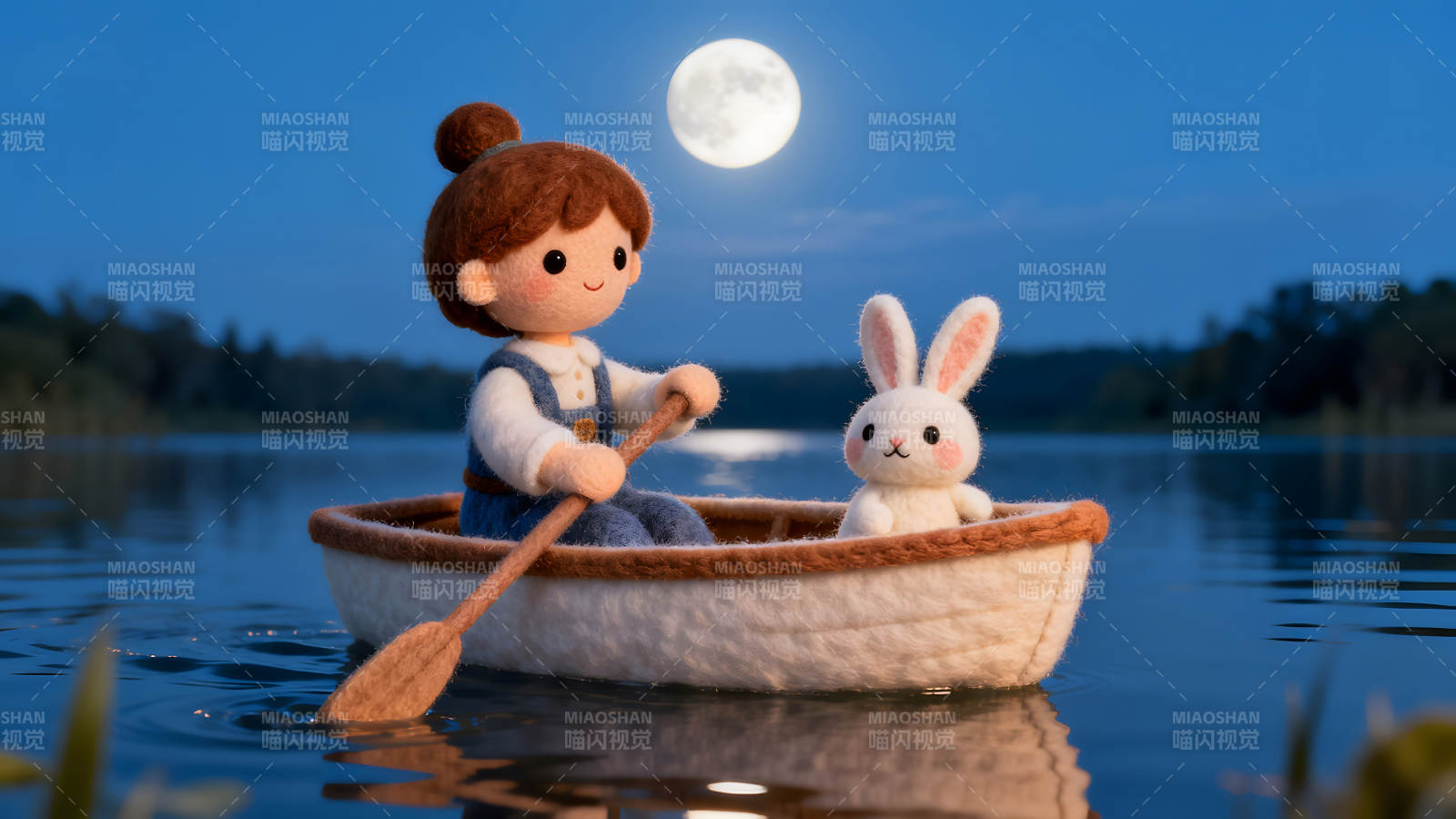 女孩与兔子夜间泛舟赏月图片