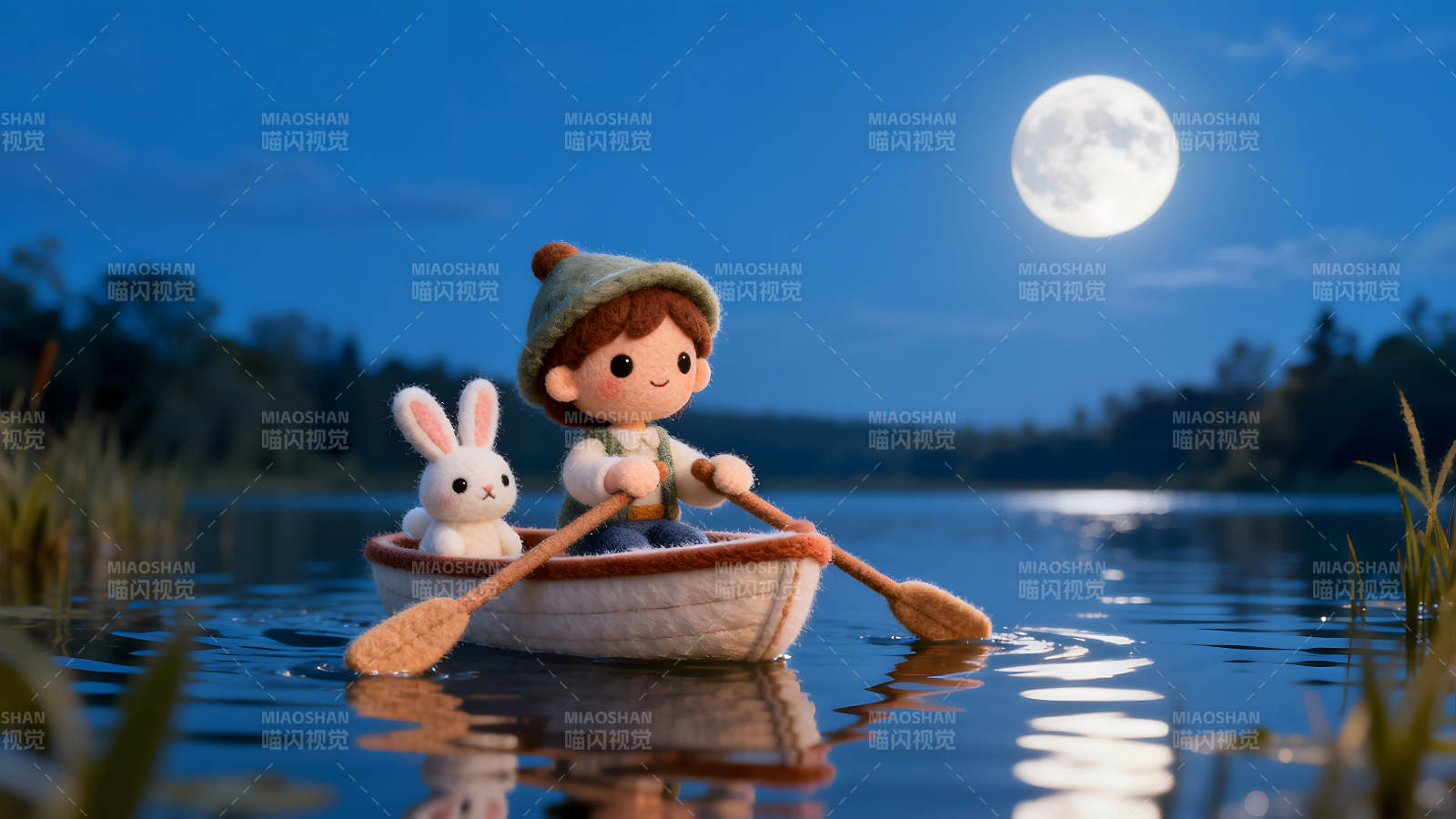 男孩乘船夜游与兔子同伴图片