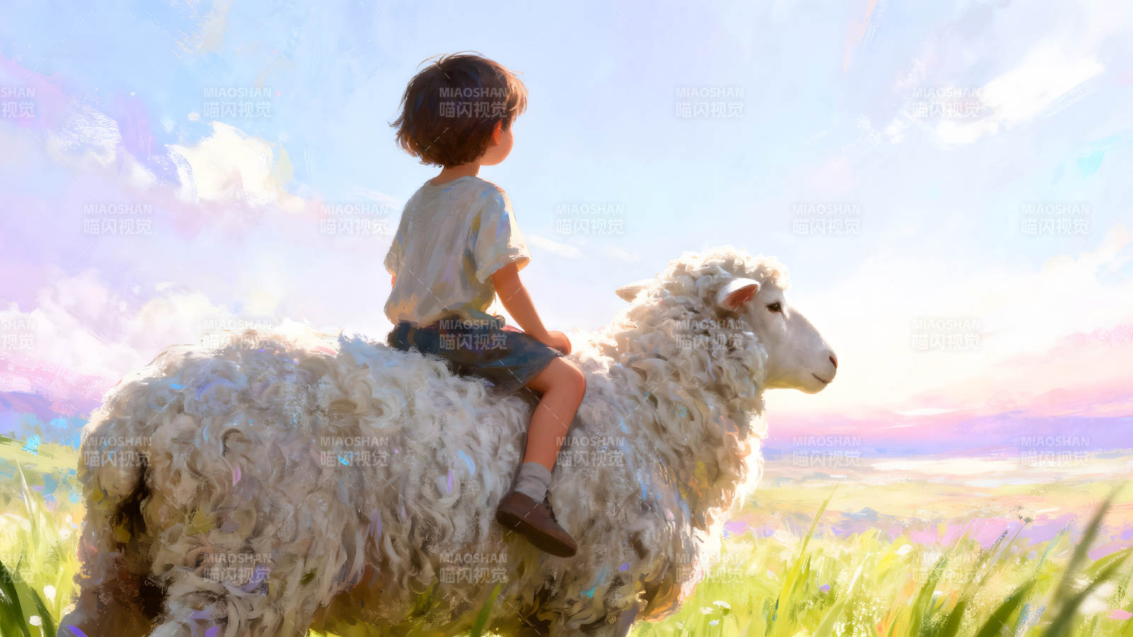 男孩骑羊漫步田野天空晴朗图片