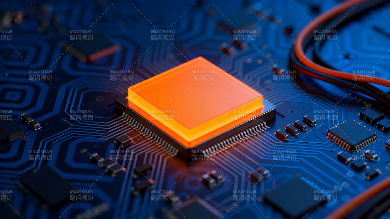 电路板核心元件特写发光效果图片