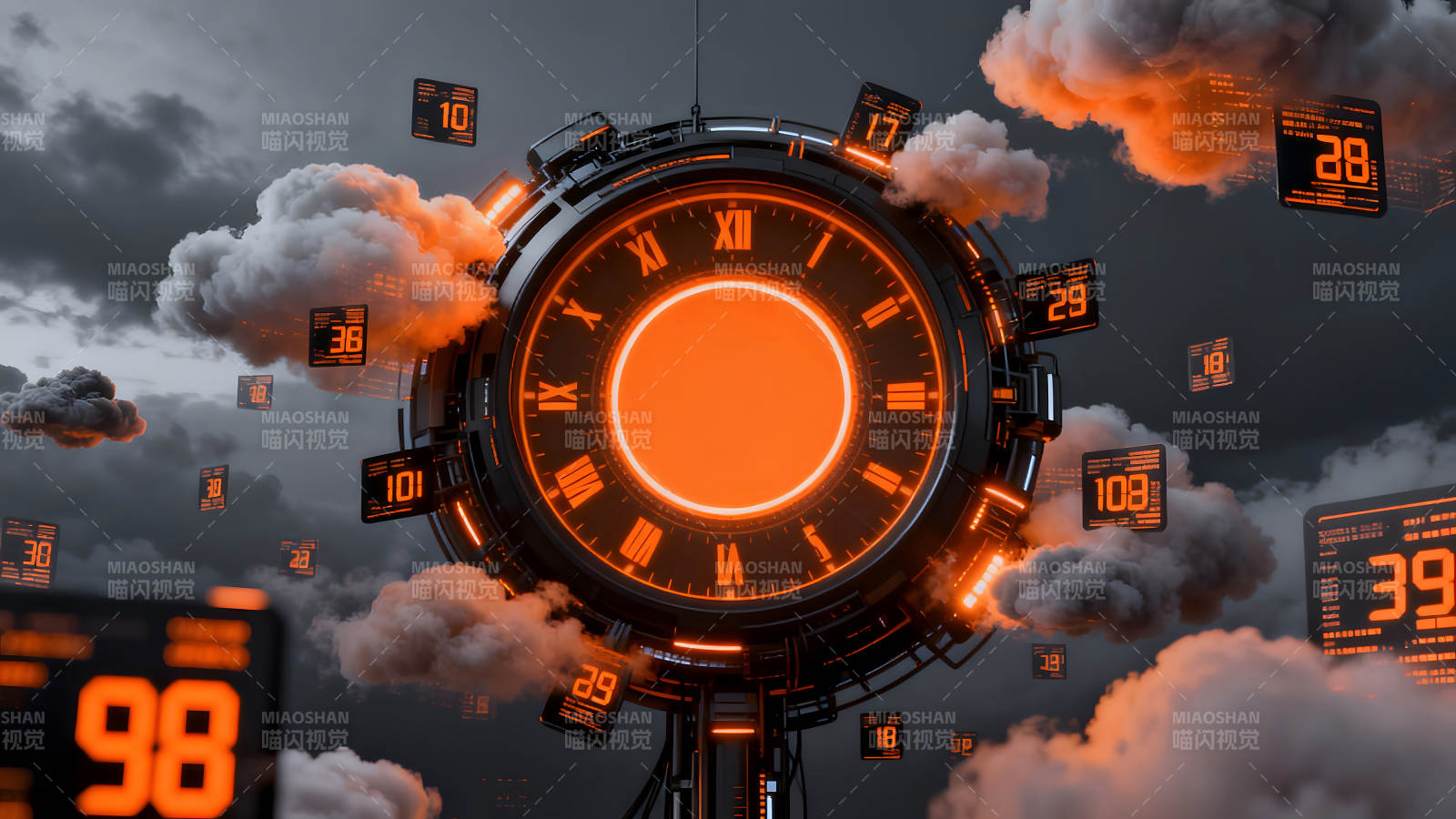 未来时钟与数字云的奇幻景象图片