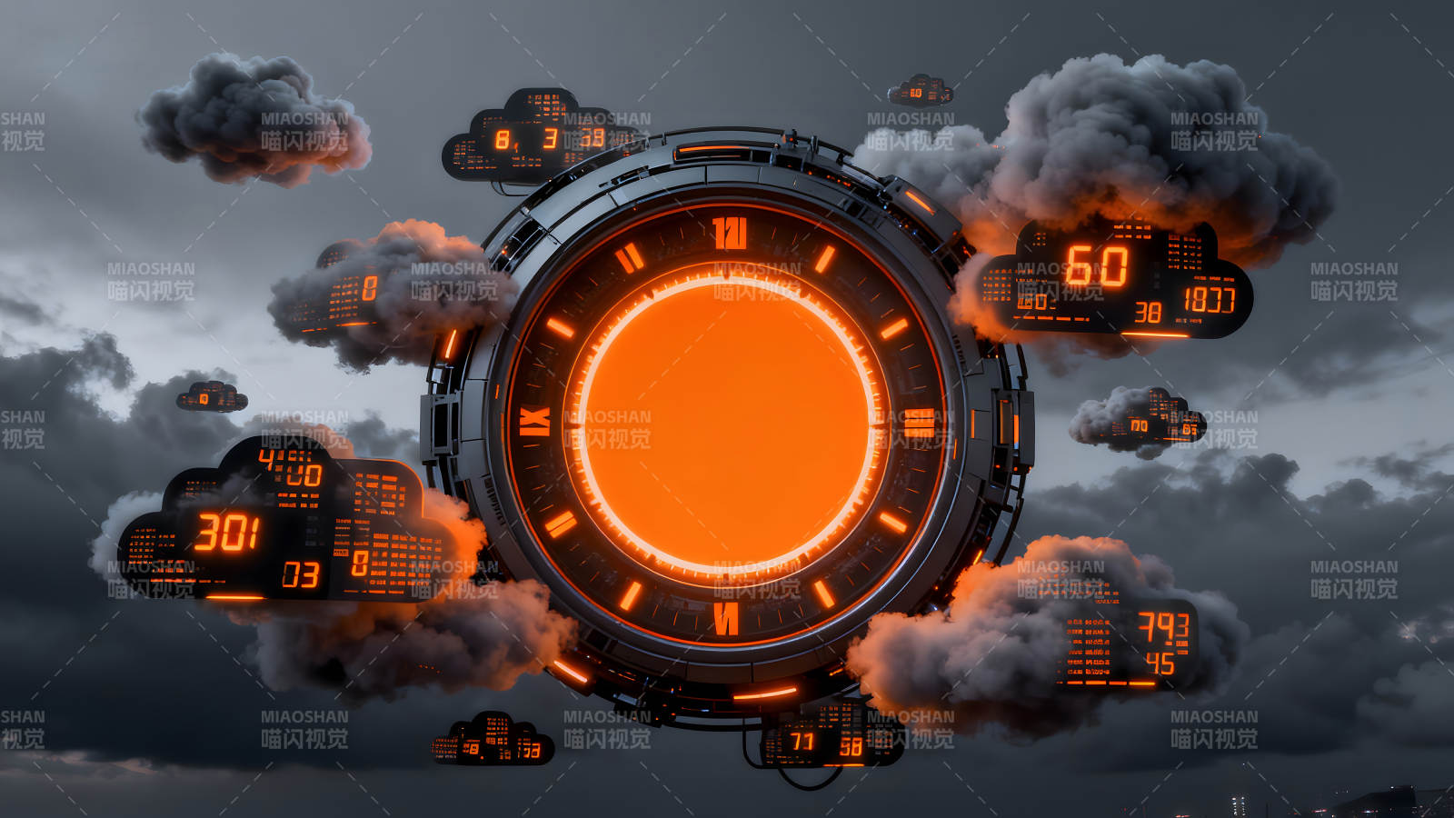 未来科幻时钟与数字云图片