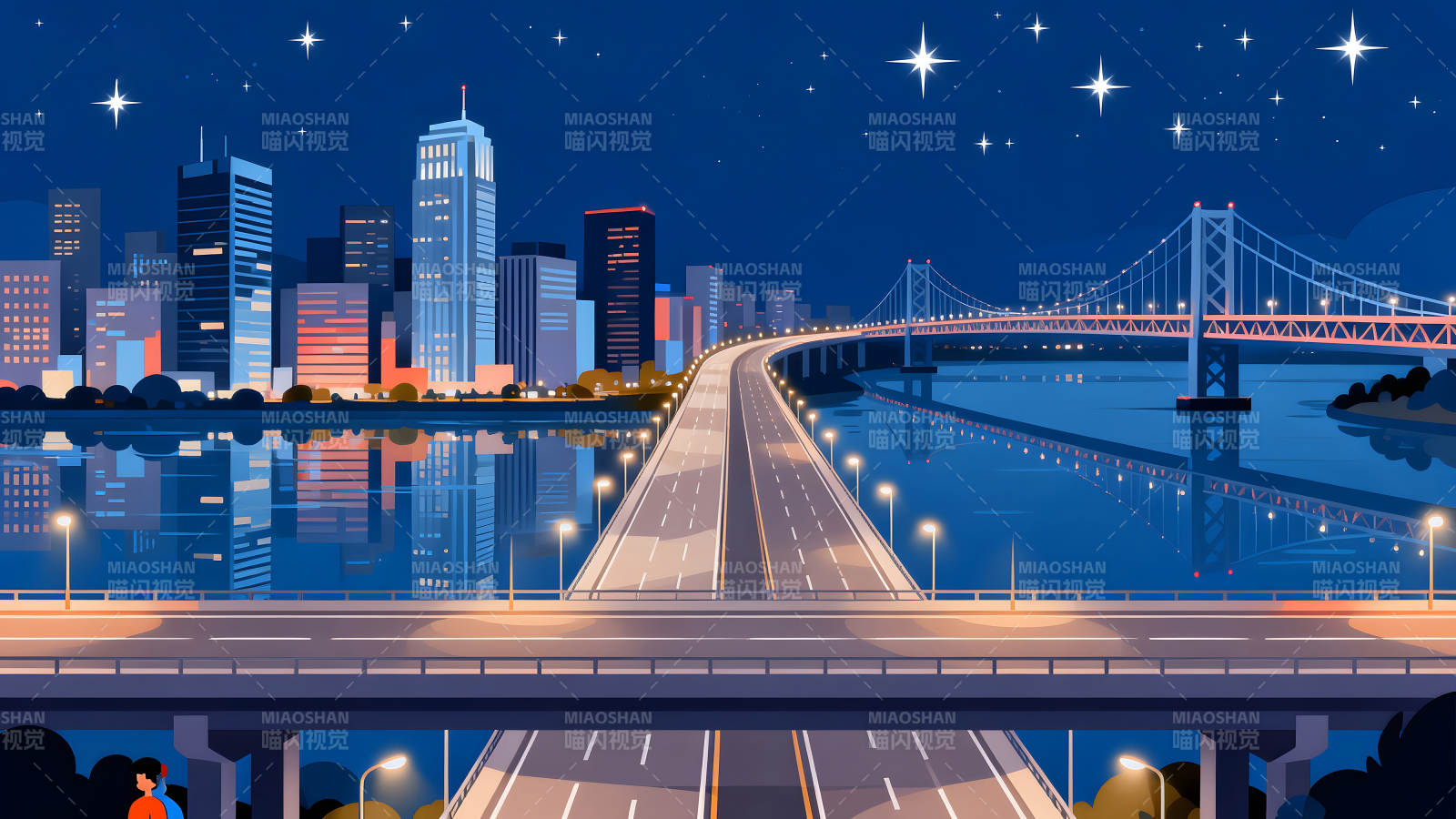 城市夜景大桥车辆灯光水面倒影图片