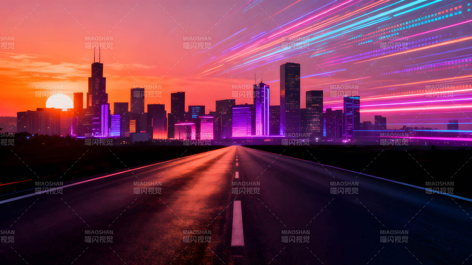 霓虹灯城市道路风景图片