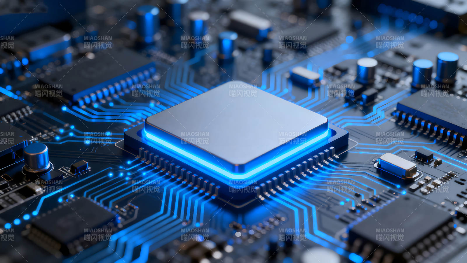 电路板特写蓝色发光科技感十足图片