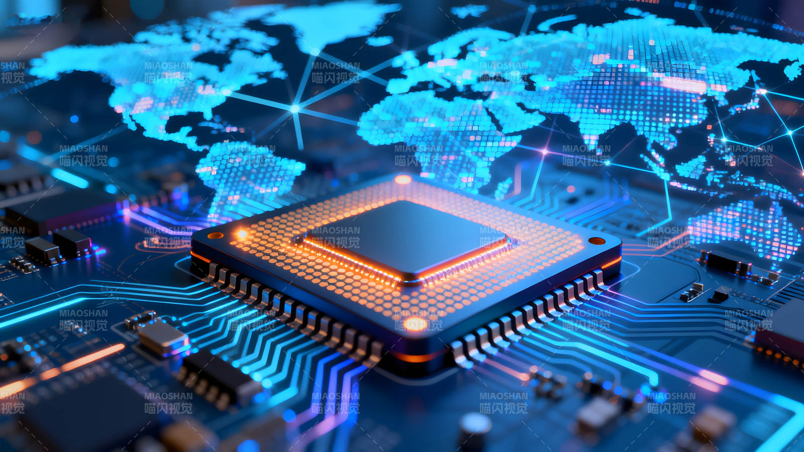 CPU芯片与世界地图连接的科技图像图片