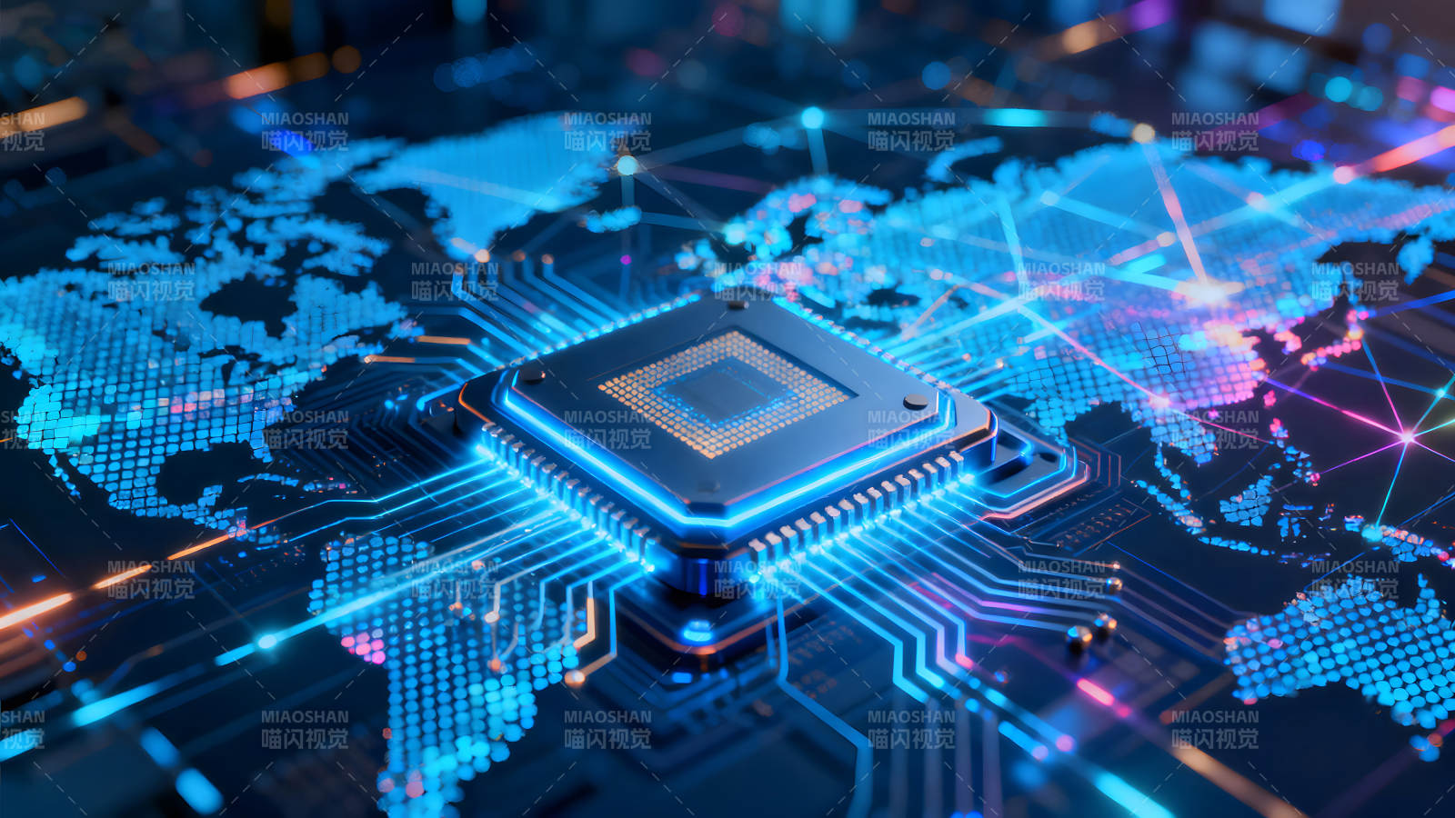 芯片与世界地图的数字科技图景图片