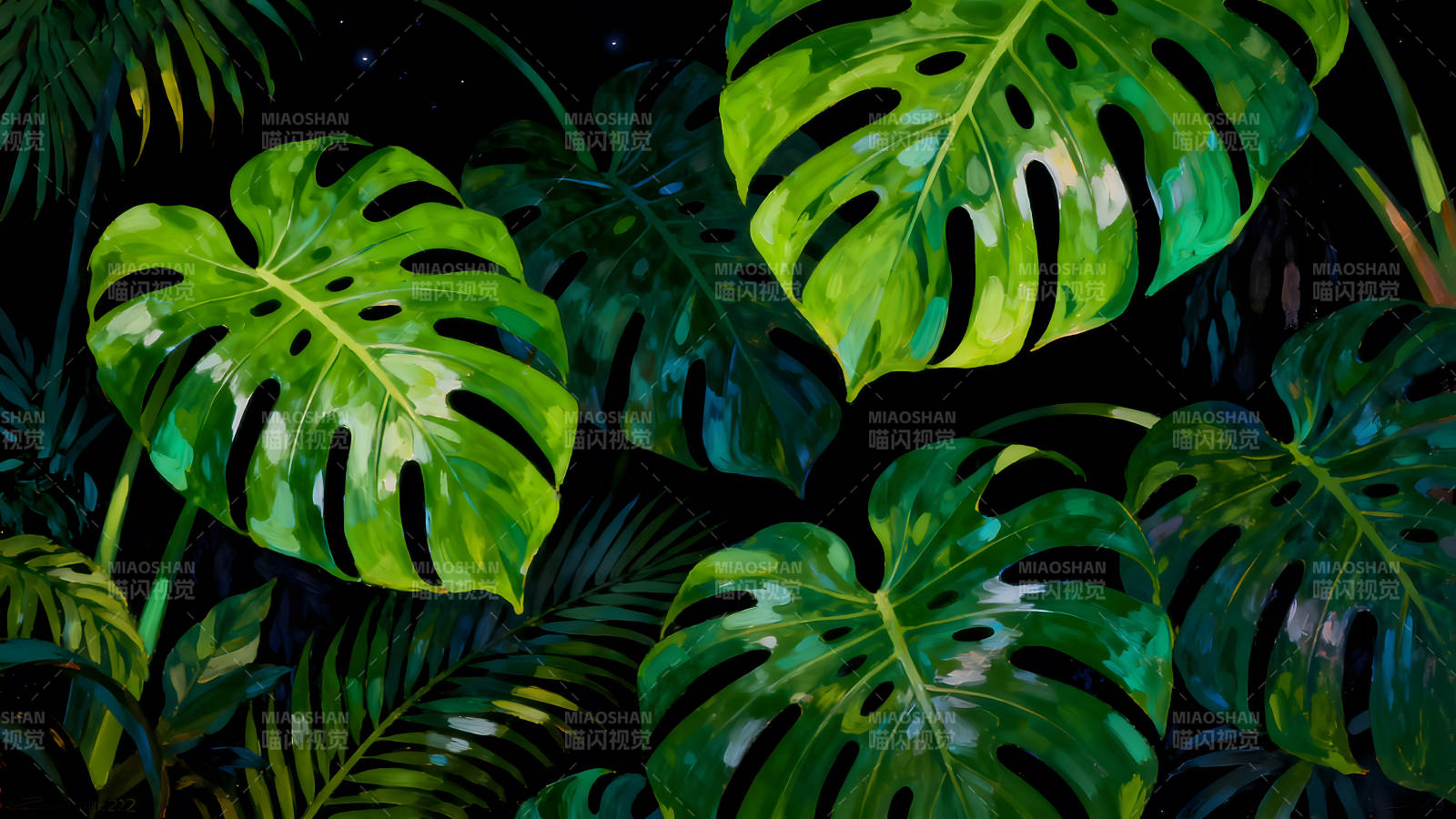 夜晚的绿叶丛林绘画图片