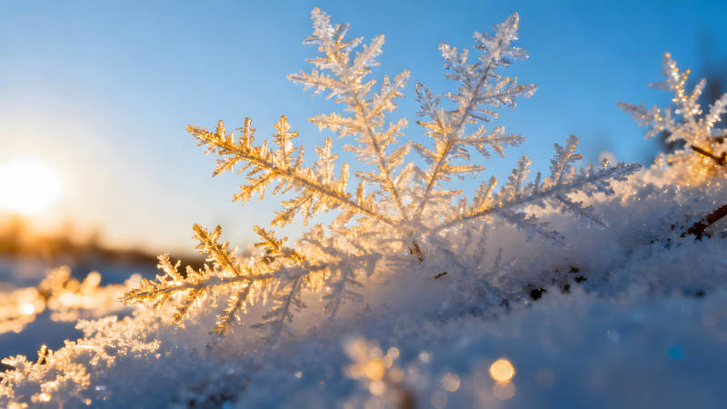 阳光下的雪花特写镜头晶莹剔透图片