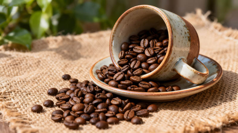 咖啡豆倾泻杯子内周围铺满图片