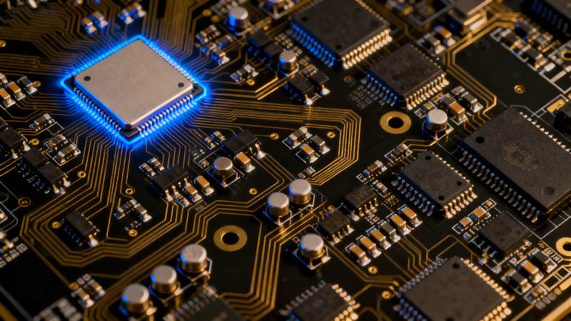 电路板特写芯片发光科技感十足图片