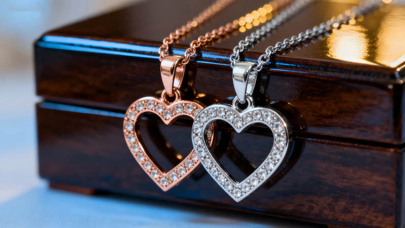两颗心形镶钻项链置于木盒上图片