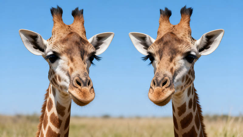 两只长颈鹿侧脸凝视天空图片