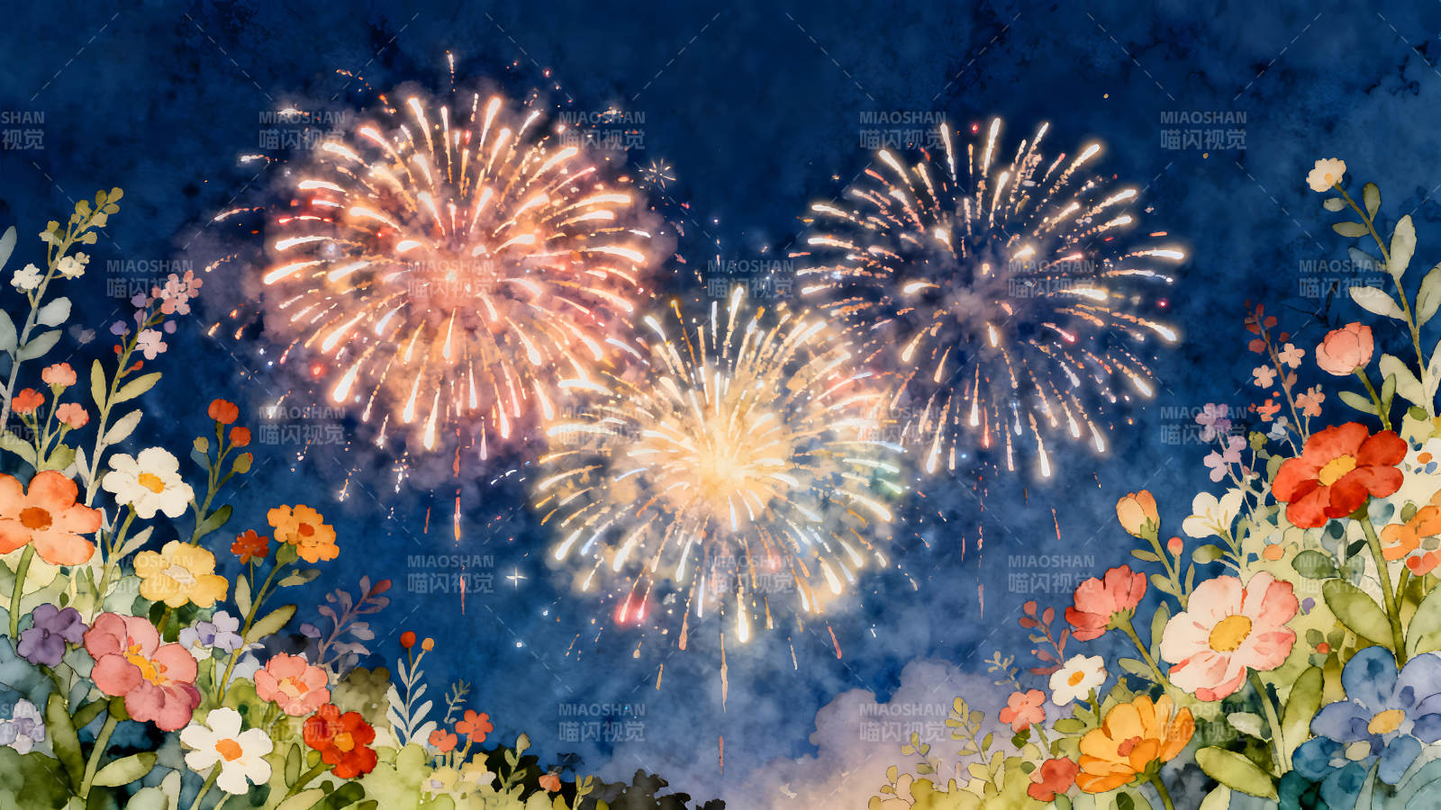 夜晚烟花盛开鲜花盛开图片