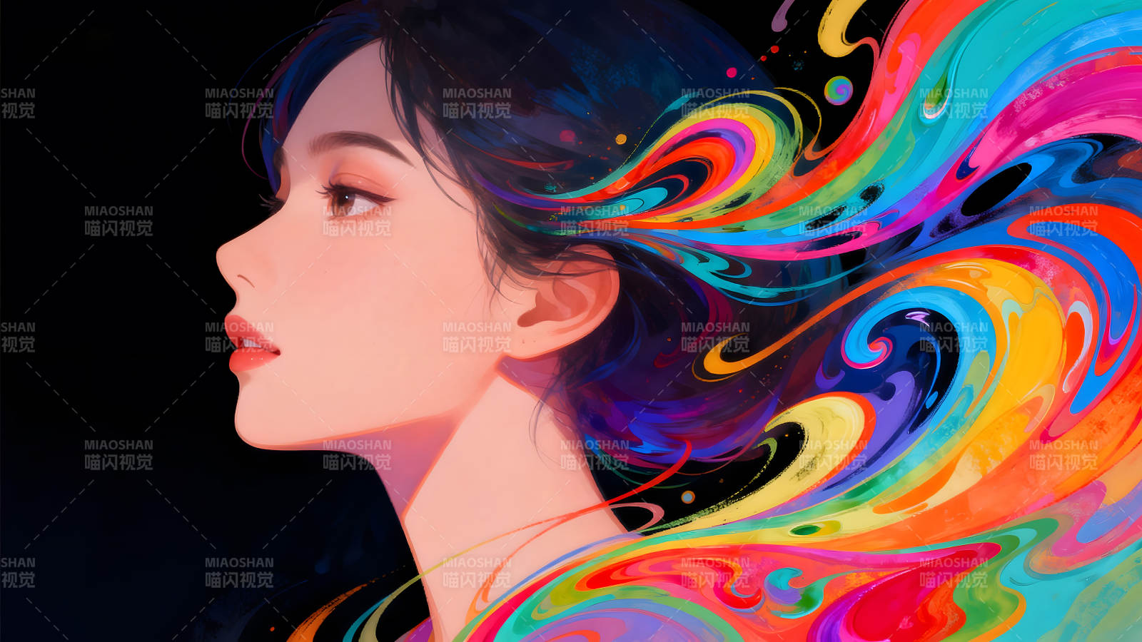 女孩侧脸与彩色光线交织图片