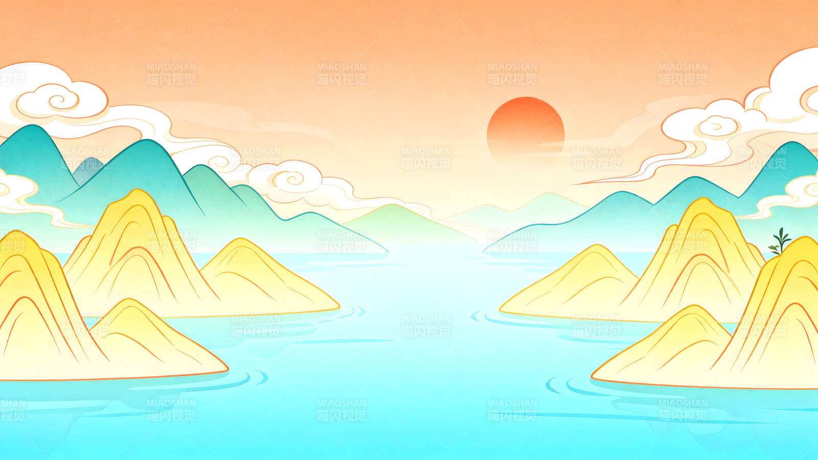 水墨山水画日出风景图片