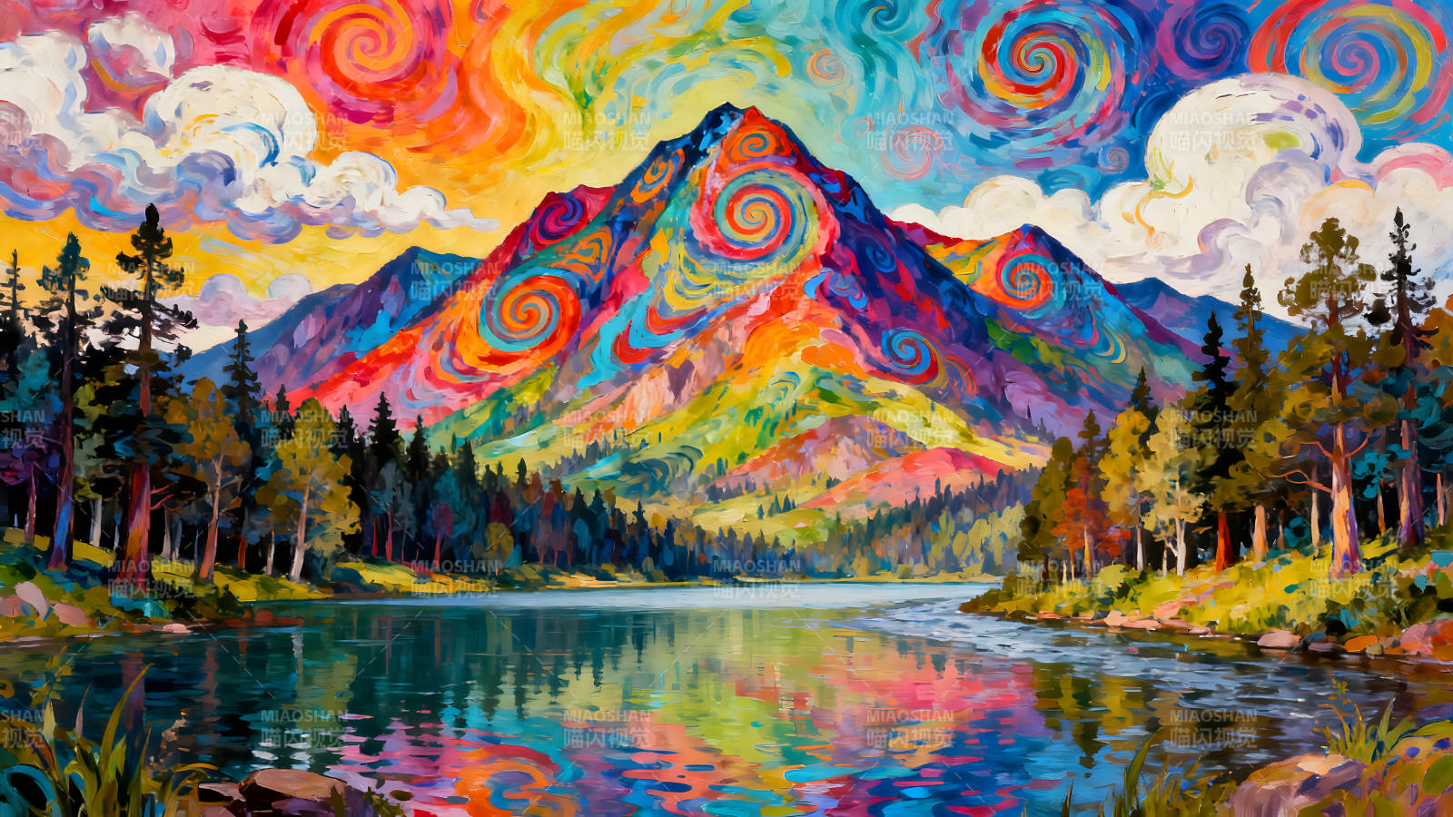 绚烂山水油画彩虹漩涡奇景图片