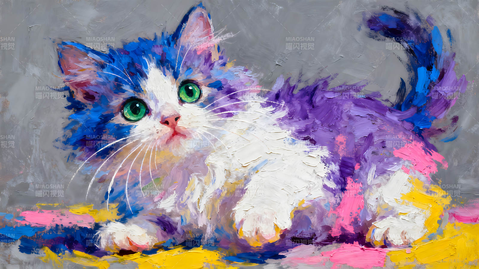 油画小猫色彩鲜艳表情可爱图片