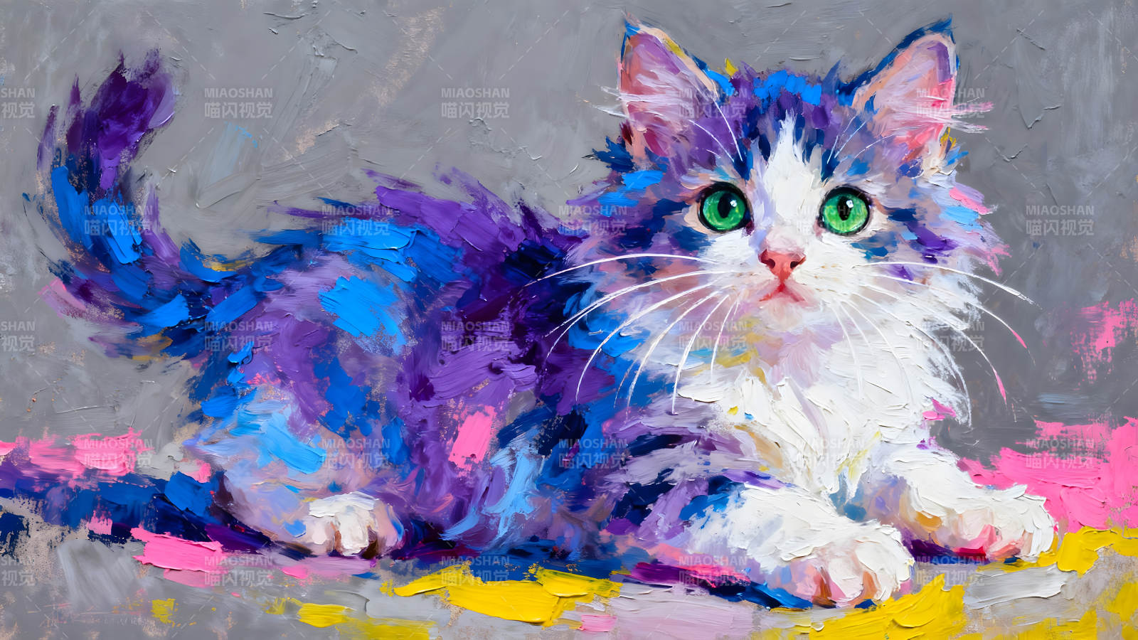 油画小猫鲜艳色彩生动形象图片