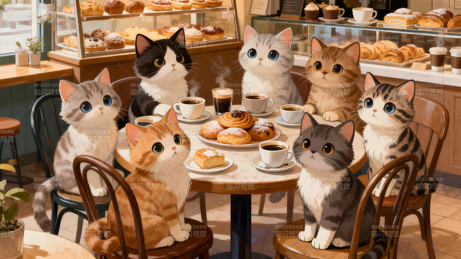 猫咪咖啡馆聚餐场景图片