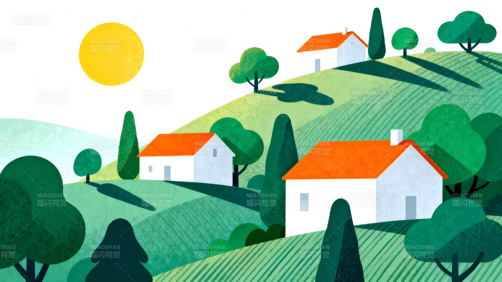 乡村风景阳光明媚房屋树木图片