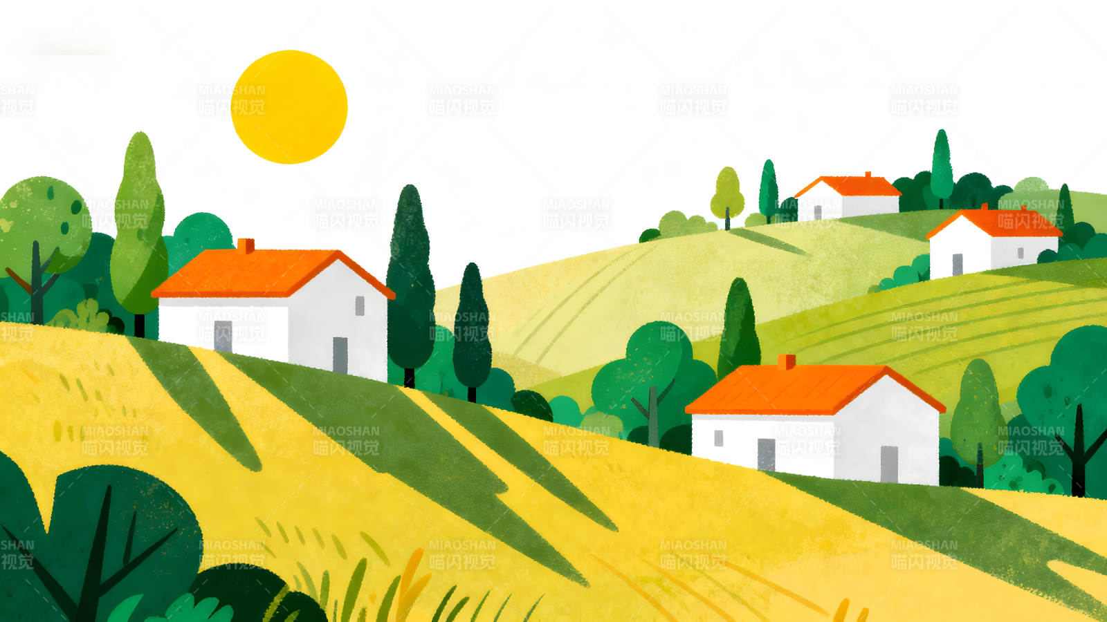 乡村风景绘画阳光明媚房屋点缀图片