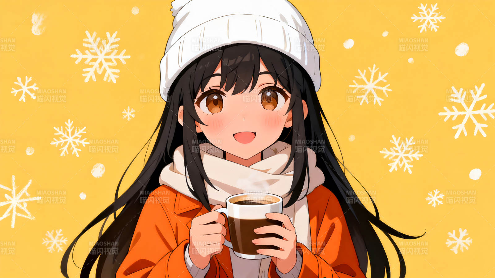 冬季动漫女孩手捧咖啡图片