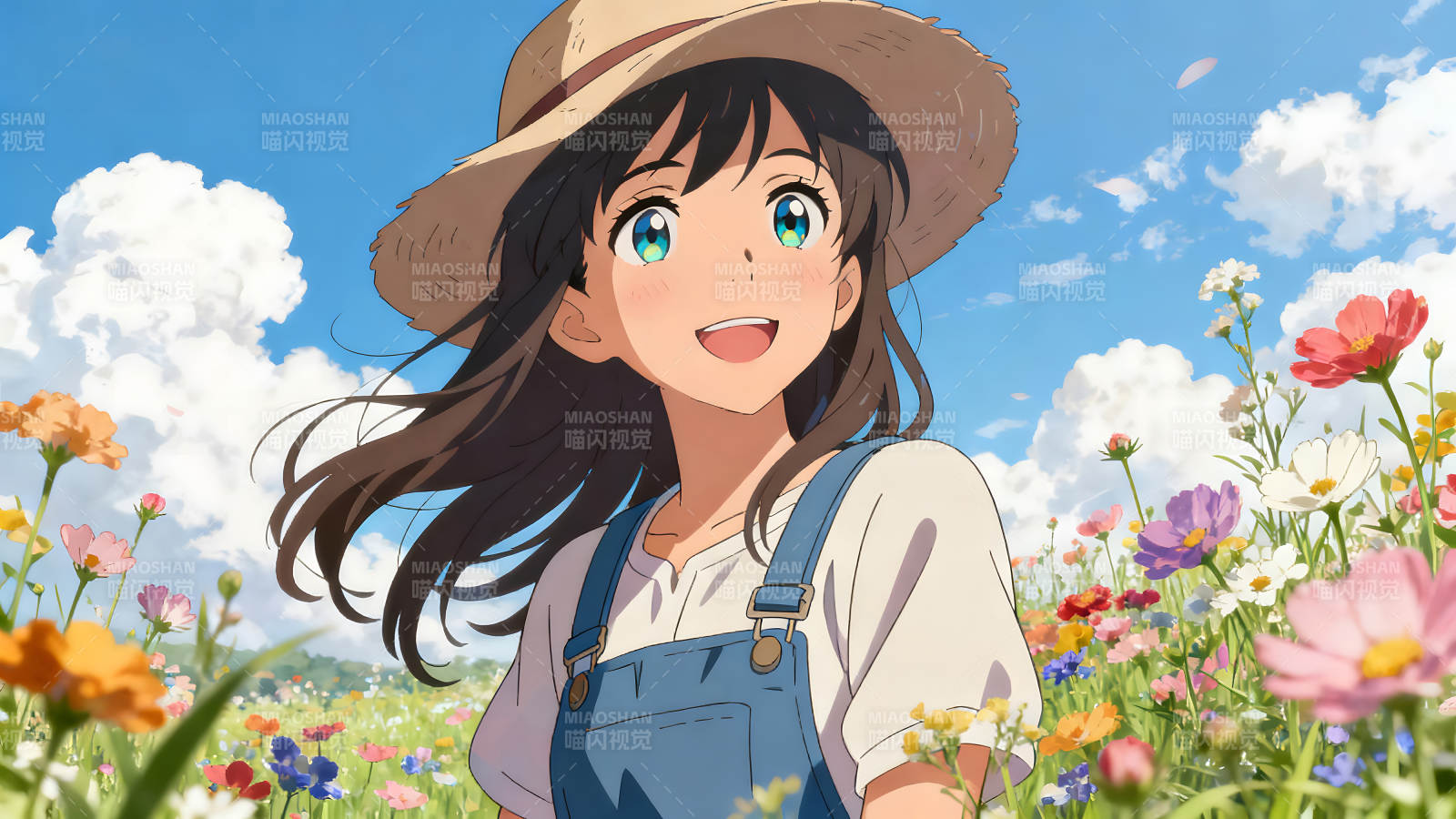 少女在花海中露出发自内心的笑容图片