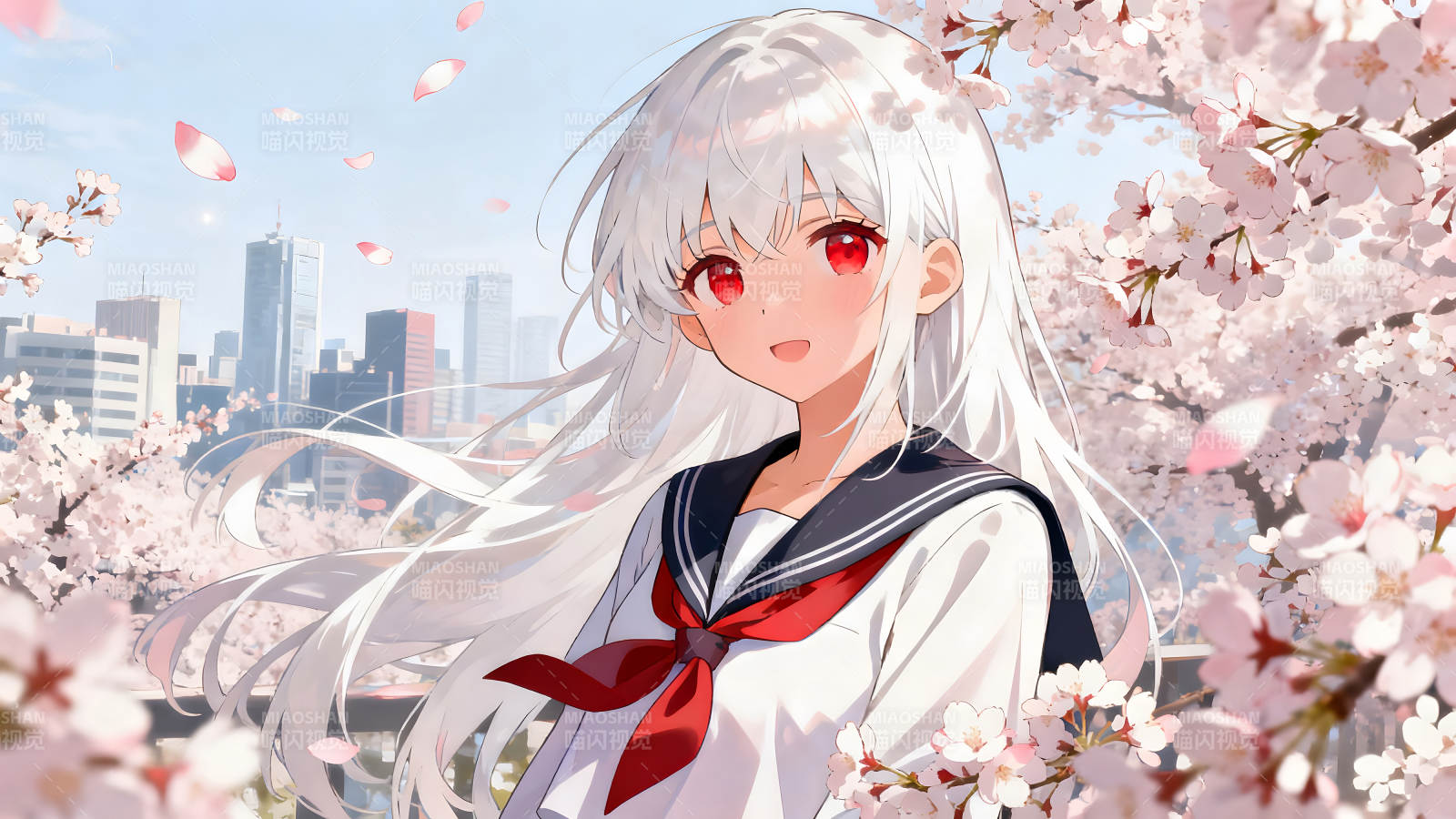 动漫少女樱花树下微笑图片